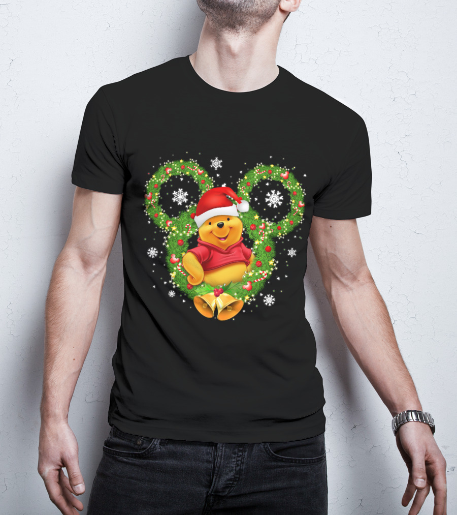 Winnie The Pooh Christmas Mickey Wreath Santa Hat Snowflakes T-Shirt