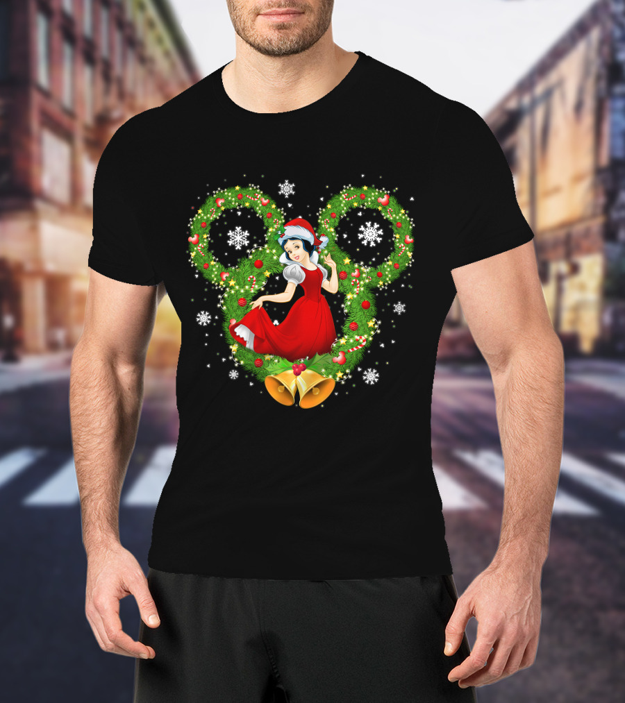 Snow White Christmas Wreath With Mickey Ears And Holiday Bells T-Shirt