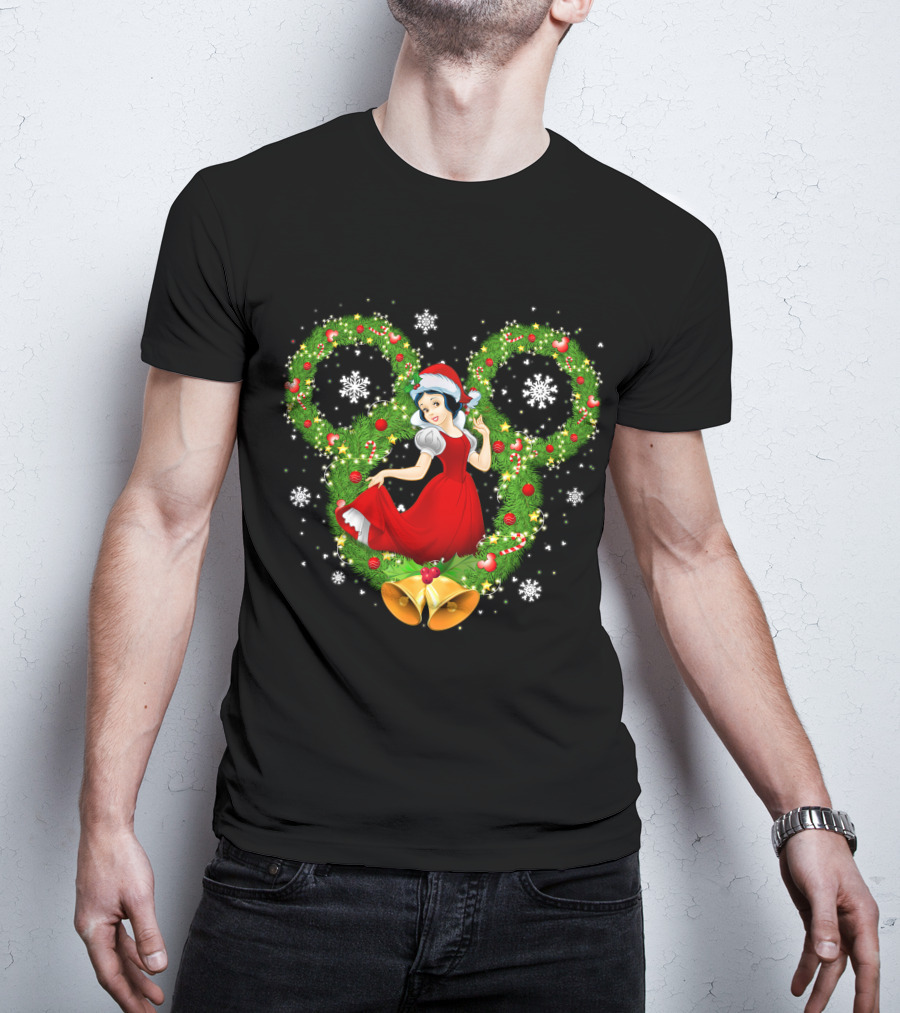 Snow White Christmas Wreath With Mickey Ears And Holiday Bells T-Shirt