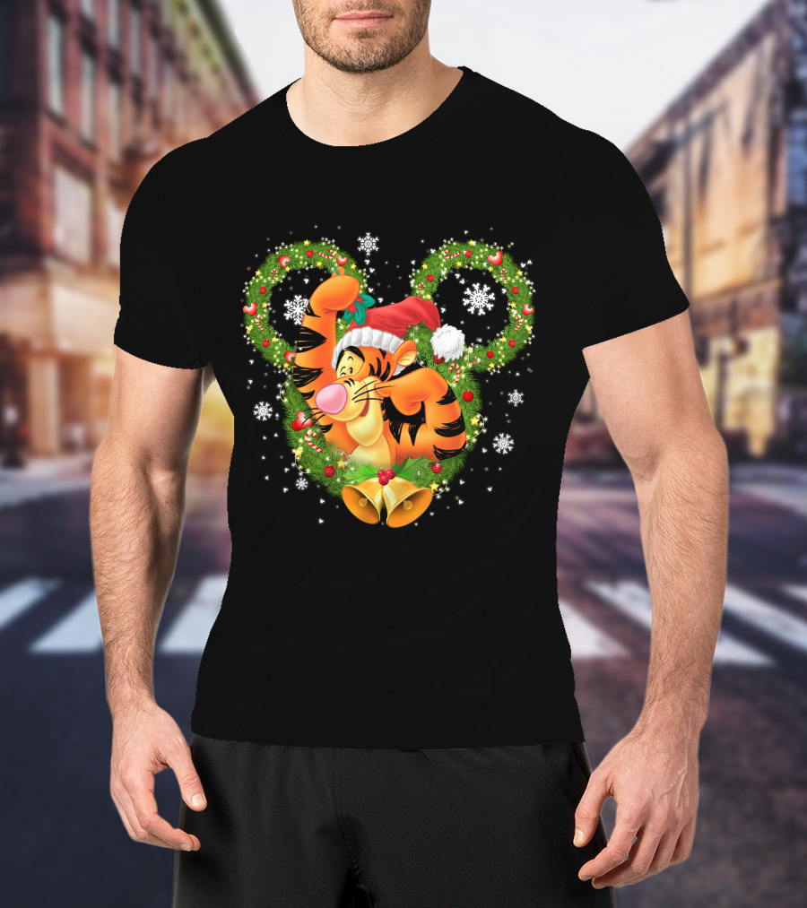 Tigger Christmas Mickey Ears Snowflakes Santa Hat Wreath T-Shirt