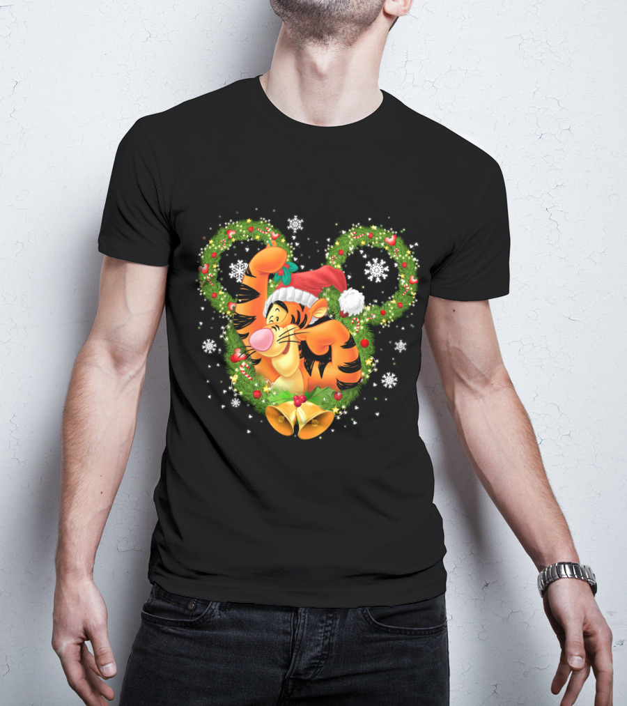Tigger Christmas Mickey Ears Snowflakes Santa Hat Wreath T-Shirt