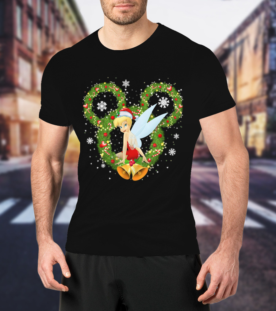 Tinker Bell Christmas Wreath With Santa Hat And Snowflakes T-Shirt