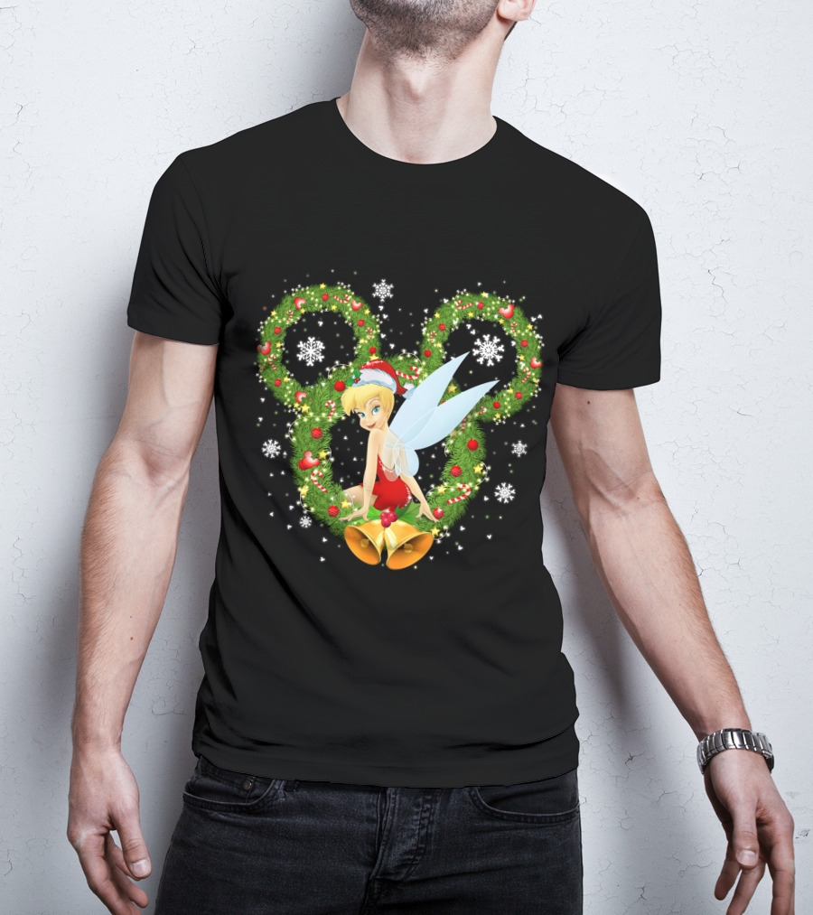 Tinker Bell Christmas Wreath With Santa Hat And Snowflakes T-Shirt
