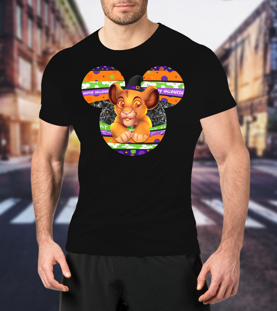 Simba Happy Halloween Mickey Mouse Ears Black Hat Spider Web Stripes T-Shirt