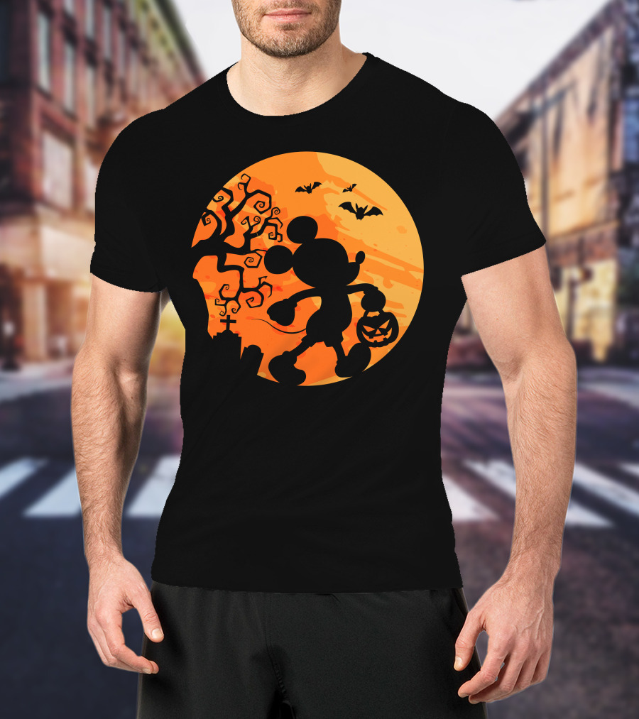 Halloween 54 Mickey Mouse Silhouette With Pumpkin And Bats T-Shirt