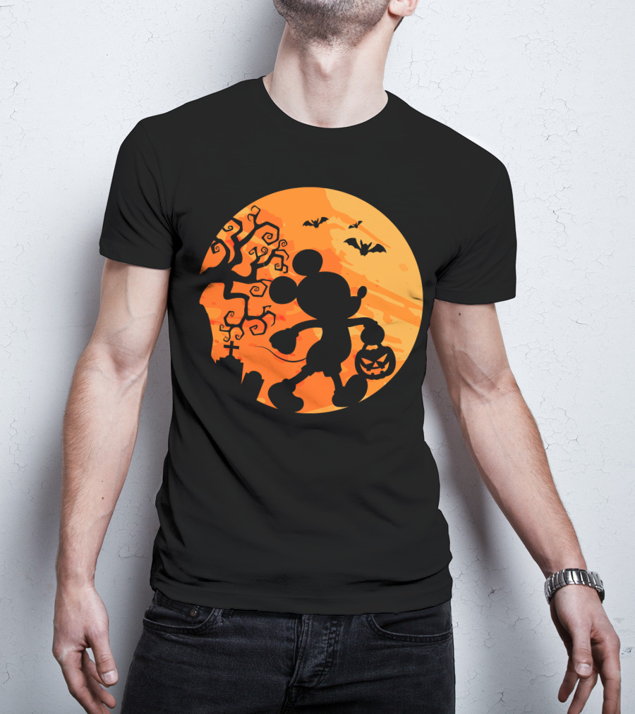 Halloween 54 Mickey Mouse Silhouette With Pumpkin And Bats T-Shirt