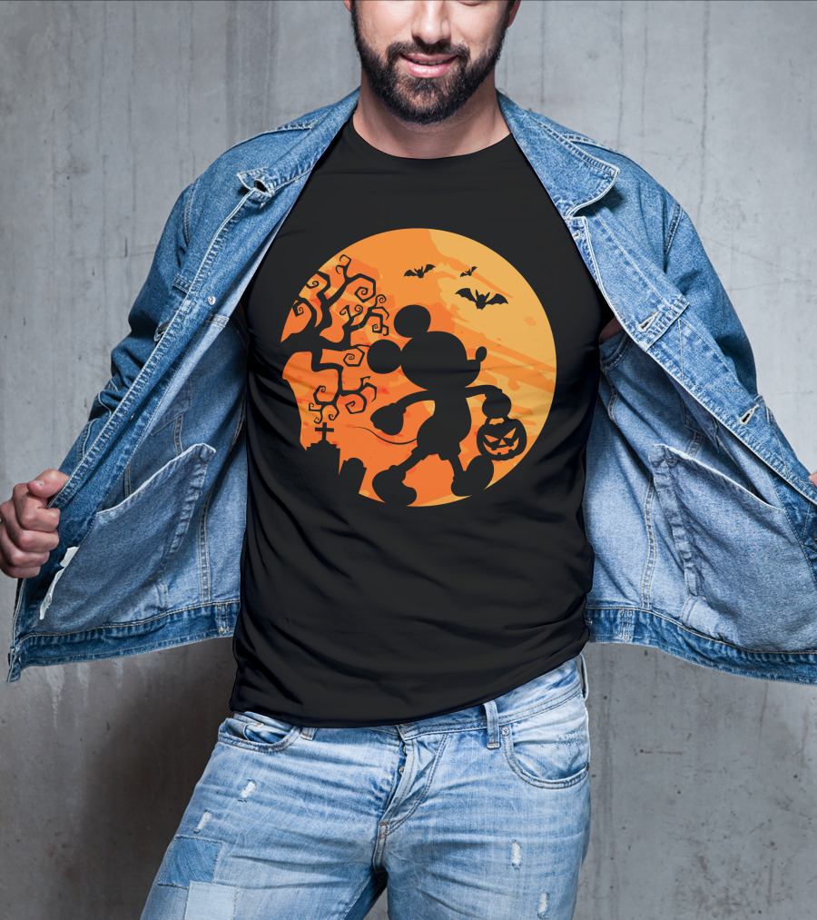 Halloween 54 Mickey Mouse Silhouette With Pumpkin And Bats T-Shirt