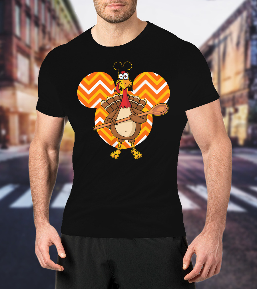 Thanksgiving Turkey With Spoon And Mickey Ears On Chevron T-Shirt