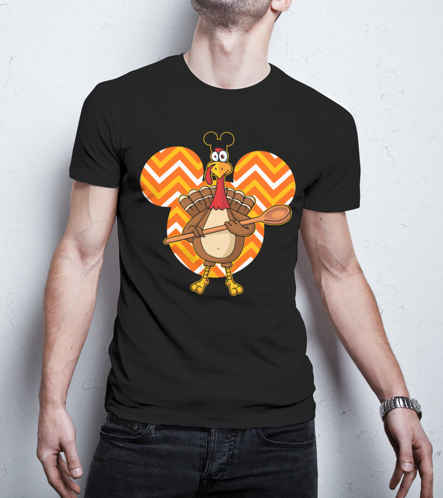 Thanksgiving Turkey With Spoon And Mickey Ears On Chevron T-Shirt