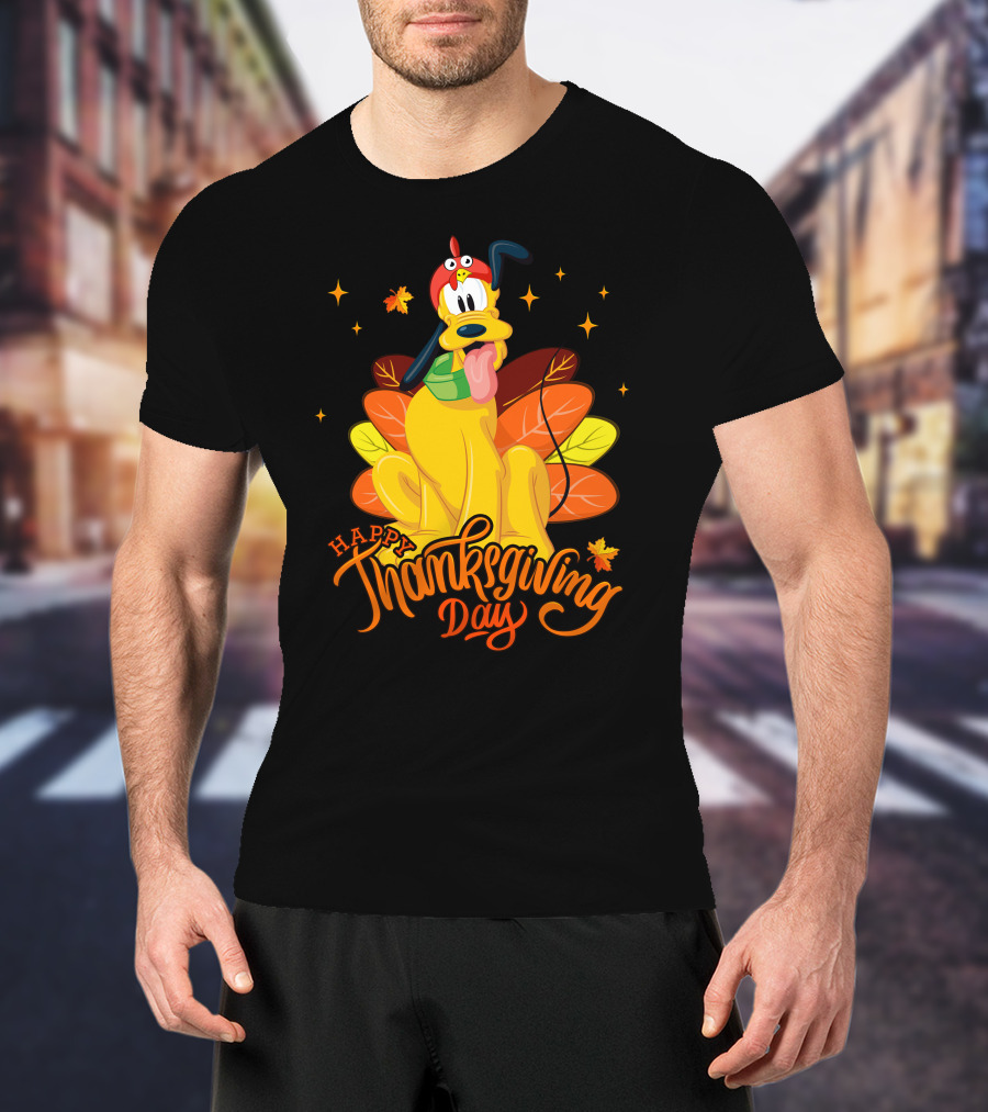 Happy Thanksgiving Day Pluto Turkey Costume Autumn Leaves Stars T-Shirt