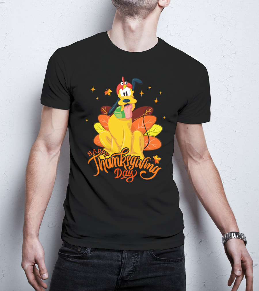 Happy Thanksgiving Day Pluto Turkey Costume Autumn Leaves Stars T-Shirt