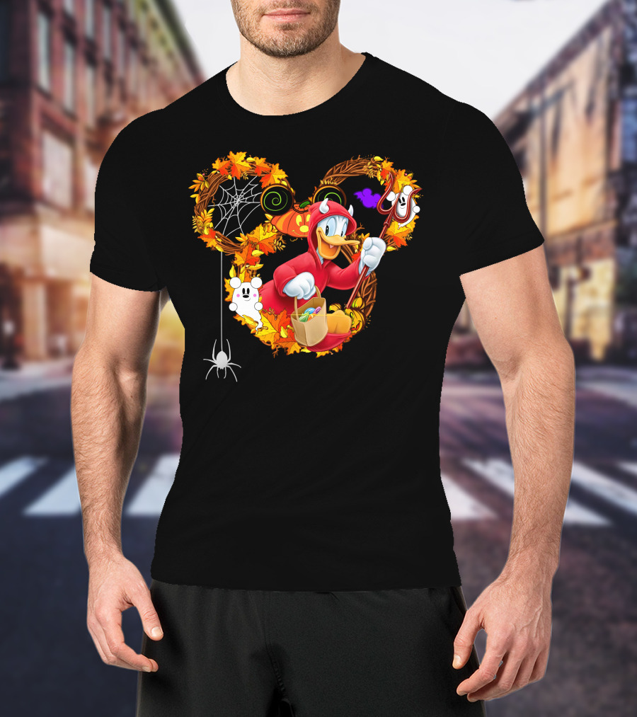 Donald Halloween Devil Costume With Mickey Pumpkin And Autumn Leaves T-Shirt