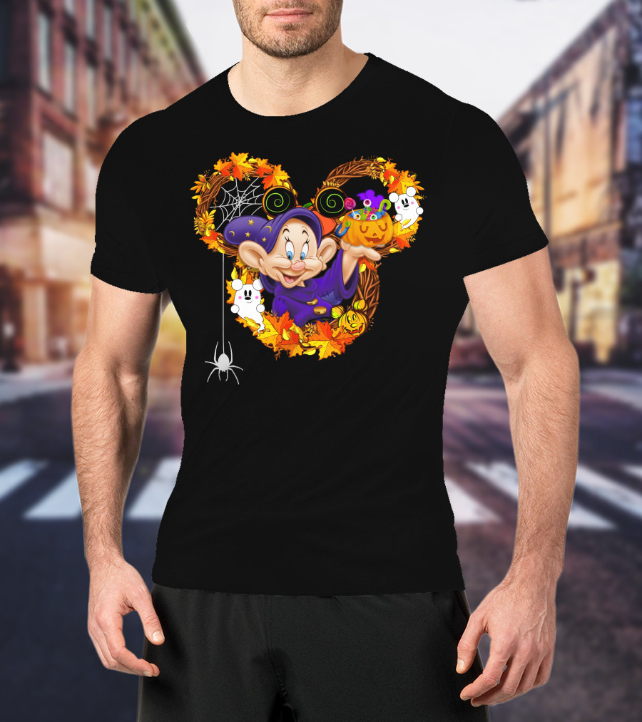 Dopey Halloween Mickey Ears Autumn Leaves Ghosts And Pumpkins T-Shirt