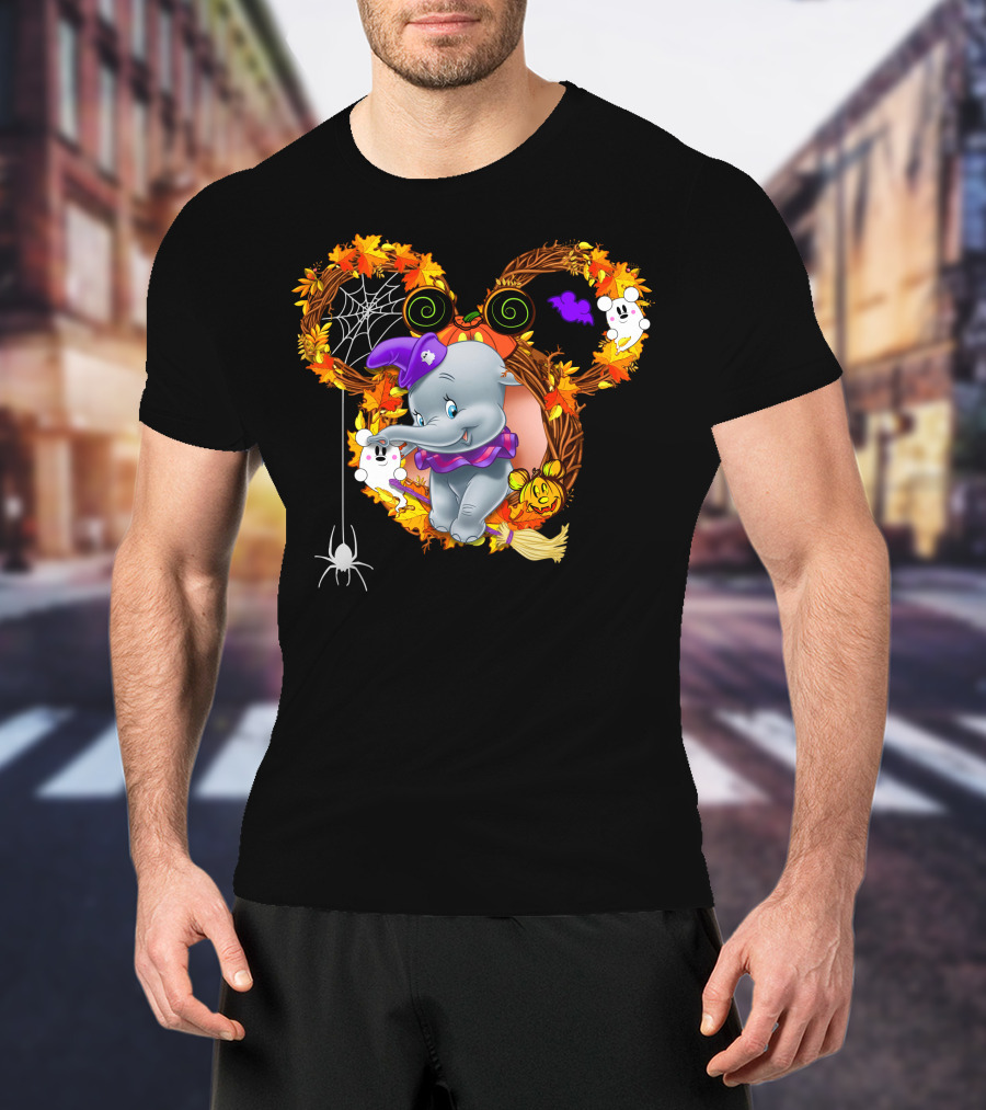 Dumbo Halloween Mickey Ears Fall Leaves Wreath With Ghosts And Spider Web T-Shirt
