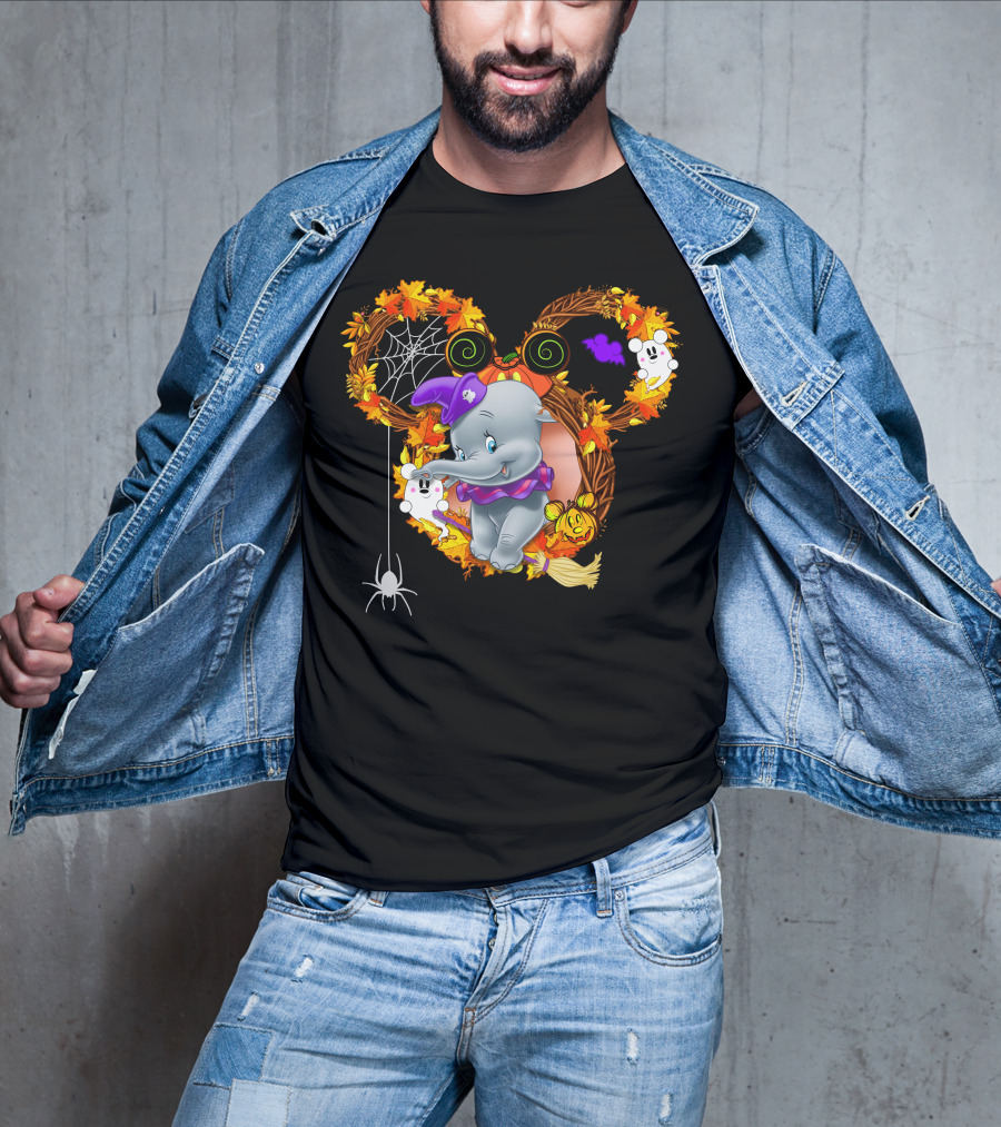 Dumbo Halloween Mickey Ears Fall Leaves Wreath With Ghosts And Spider Web T-Shirt