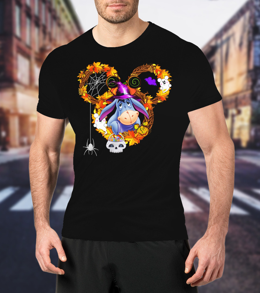 Eeyore Halloween Wreath With Witch Hat And Candy Skulls T-Shirt