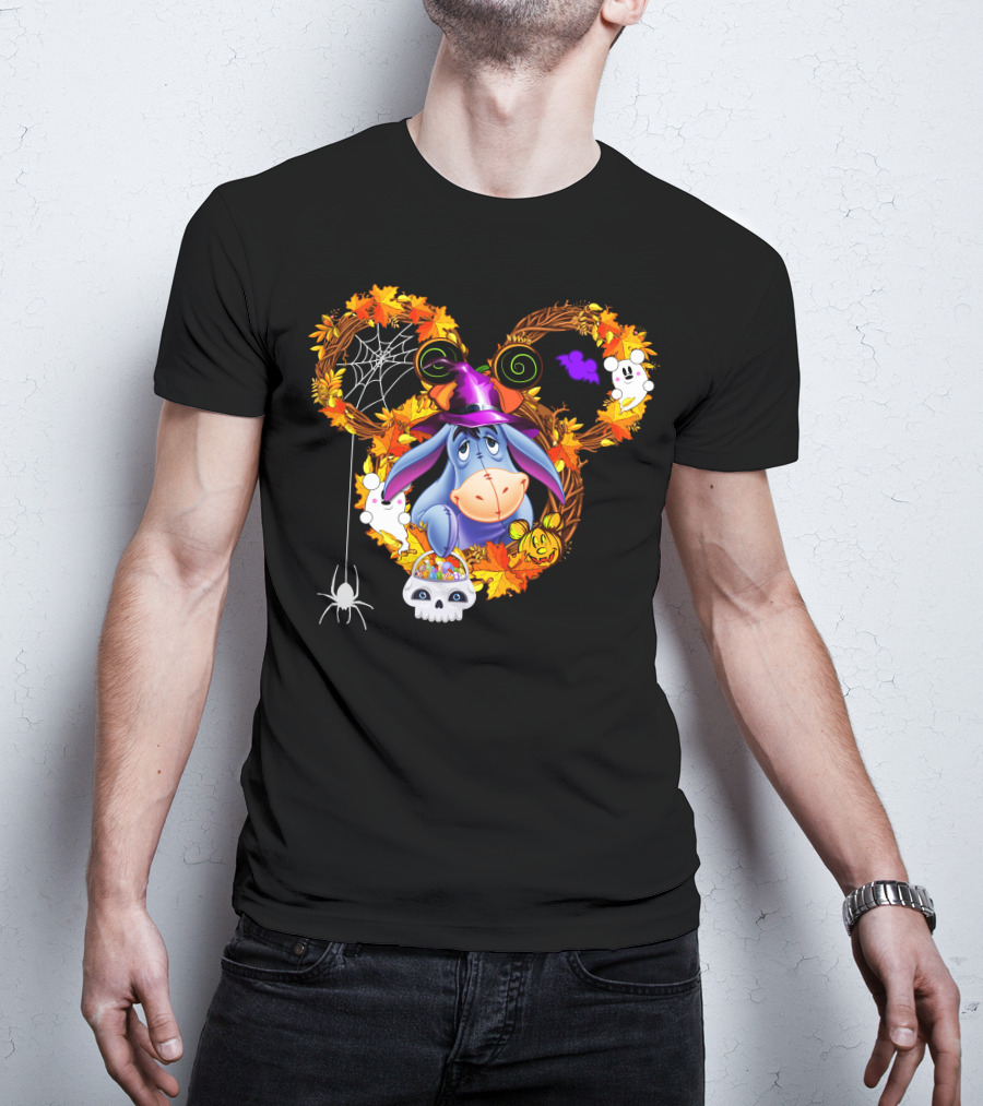Eeyore Halloween Wreath With Witch Hat And Candy Skulls T-Shirt