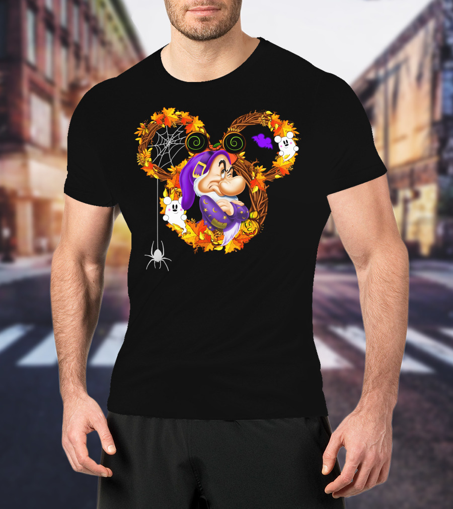 Grumpy Halloween Wreath With Ghosts And Spider Web In Autumn Colors T-Shirt