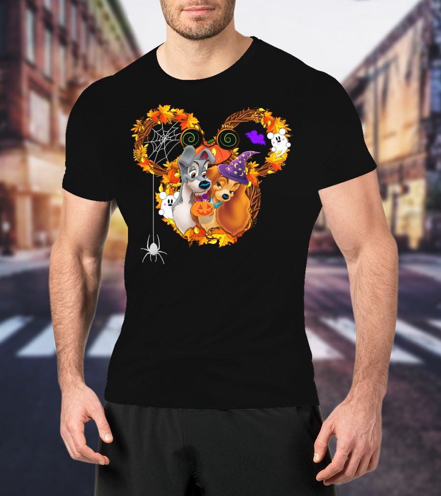 Lady And The Tramp Halloween Wreath With Pumpkins And Ghosts T-Shirt