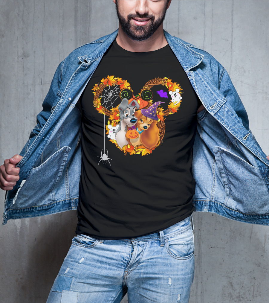 Lady And The Tramp Halloween Wreath With Pumpkins And Ghosts T-Shirt
