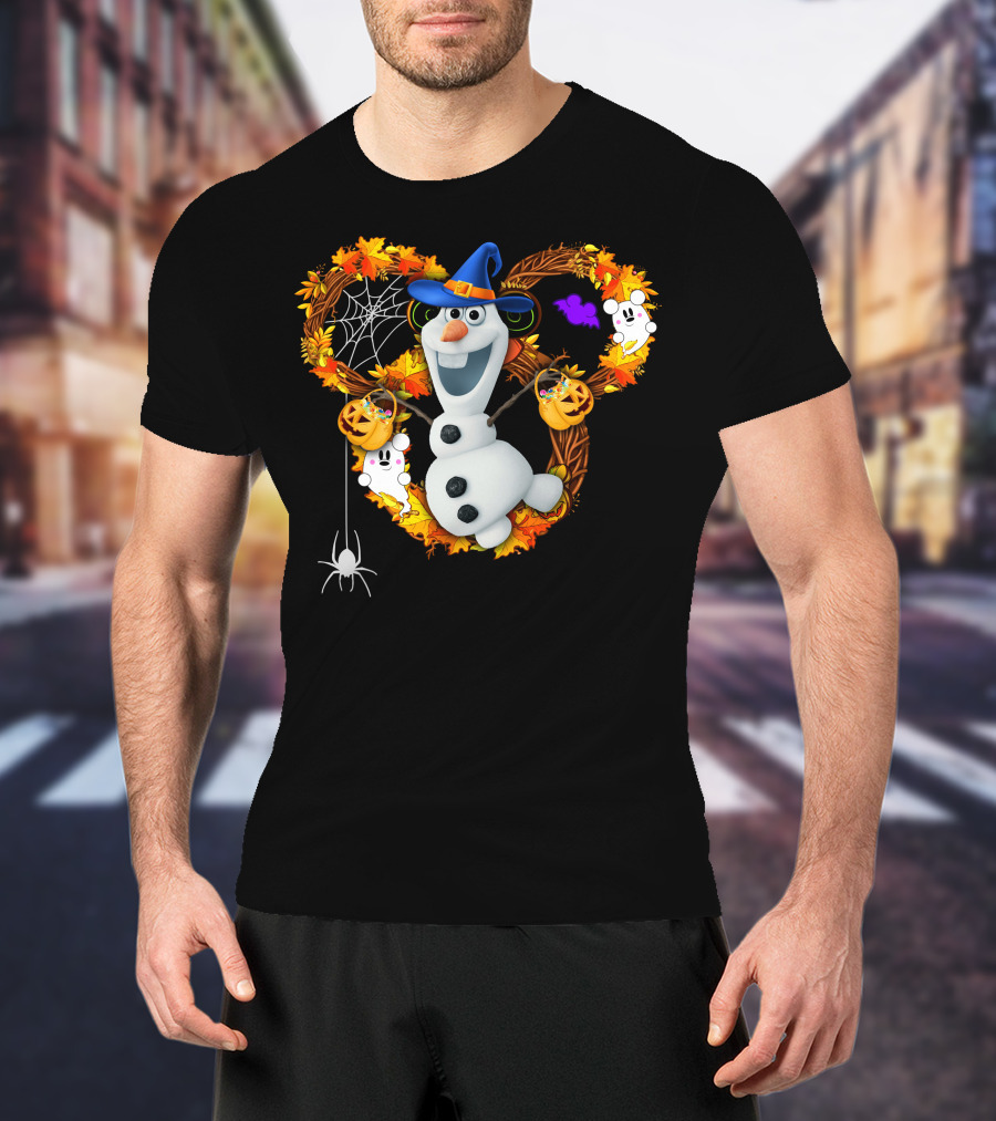 Olaf Halloween Witch Hat Pumpkin Candy Ghosts Spider Web Fall Leaves T-Shirt