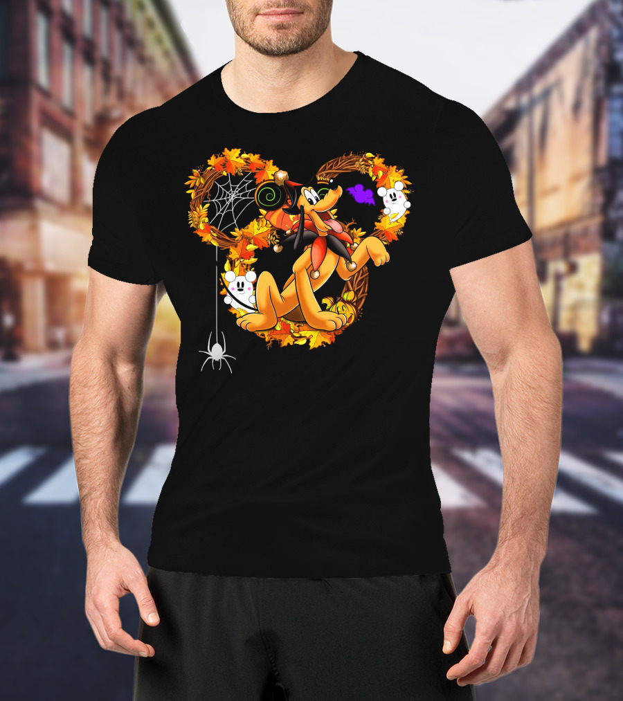 Pluto Halloween Autumn Wreath With Ghosts And Spiderweb T-Shirt