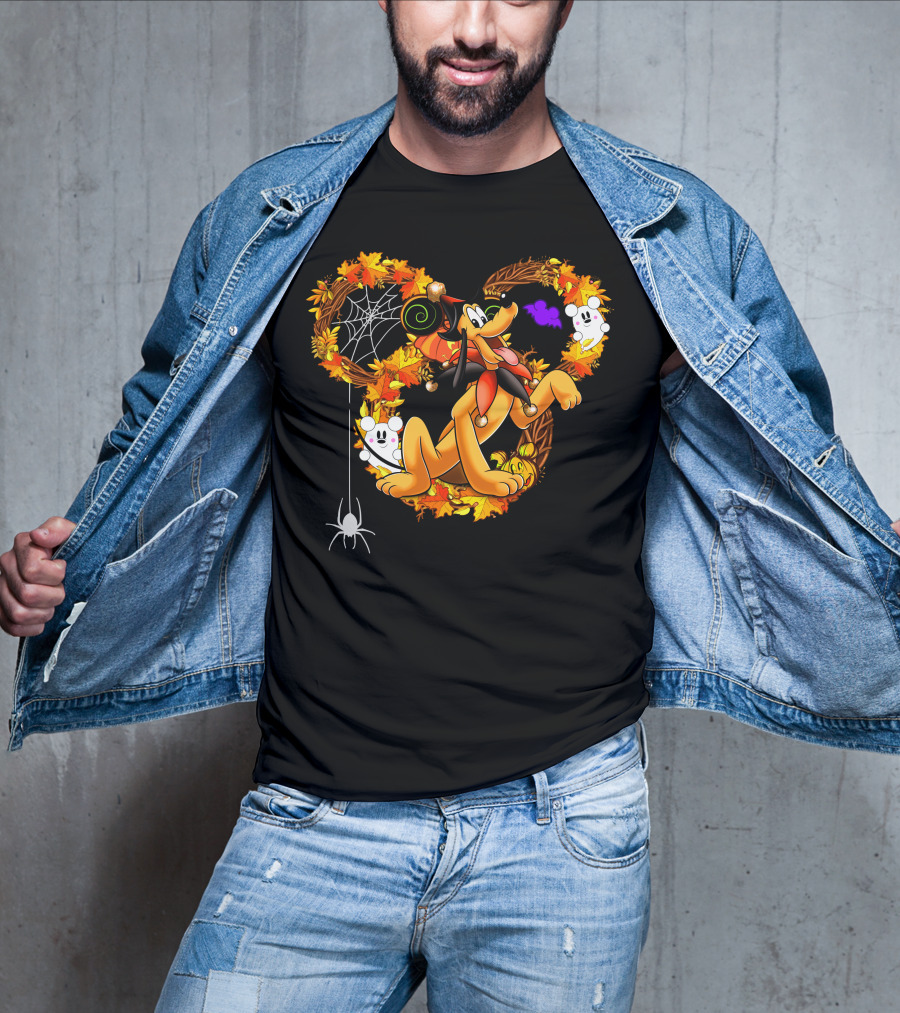 Pluto Halloween Autumn Wreath With Ghosts And Spiderweb T-Shirt