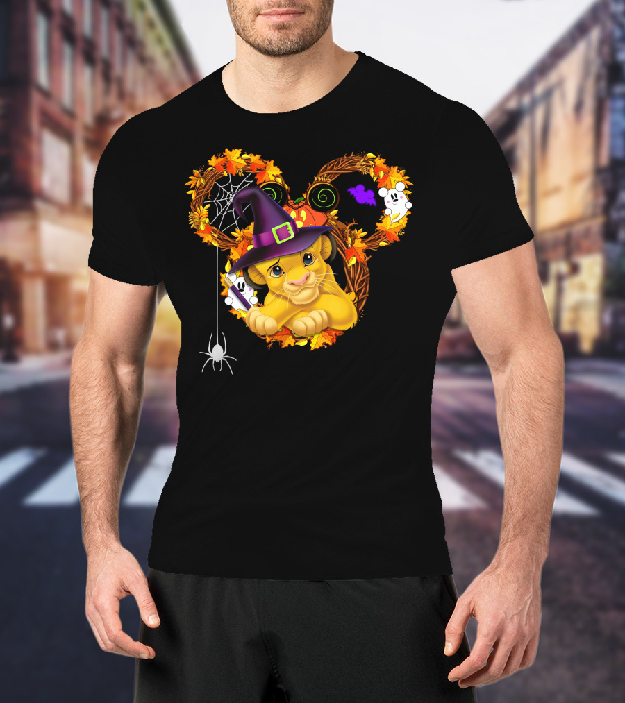 Simba Halloween Wreath With Witch Hat And Autumn Leaves T-Shirt