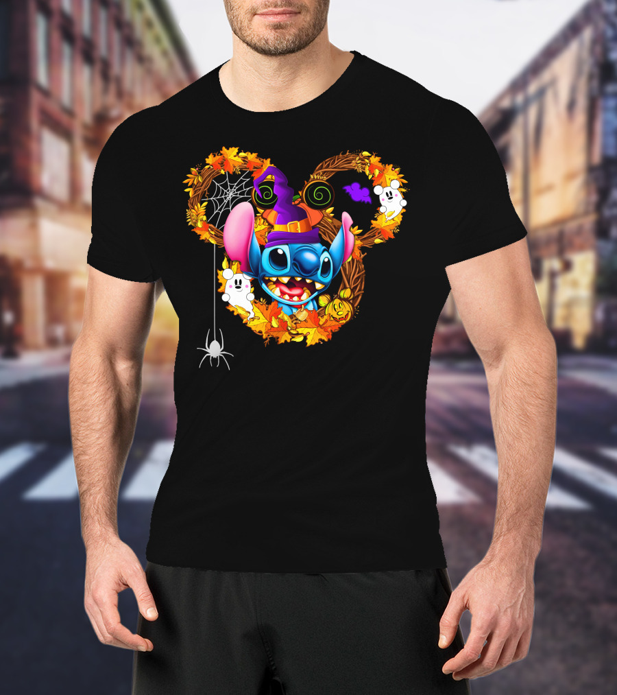 Stitch Halloween Mickey Mouse Ears With Spooky Autumn Leaves And Spider Web T-Shirt