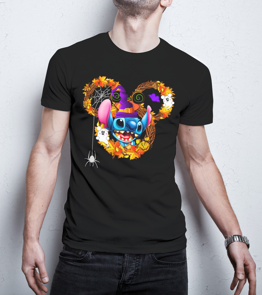 Stitch Halloween Mickey Mouse Ears With Spooky Autumn Leaves And Spider Web T-Shirt