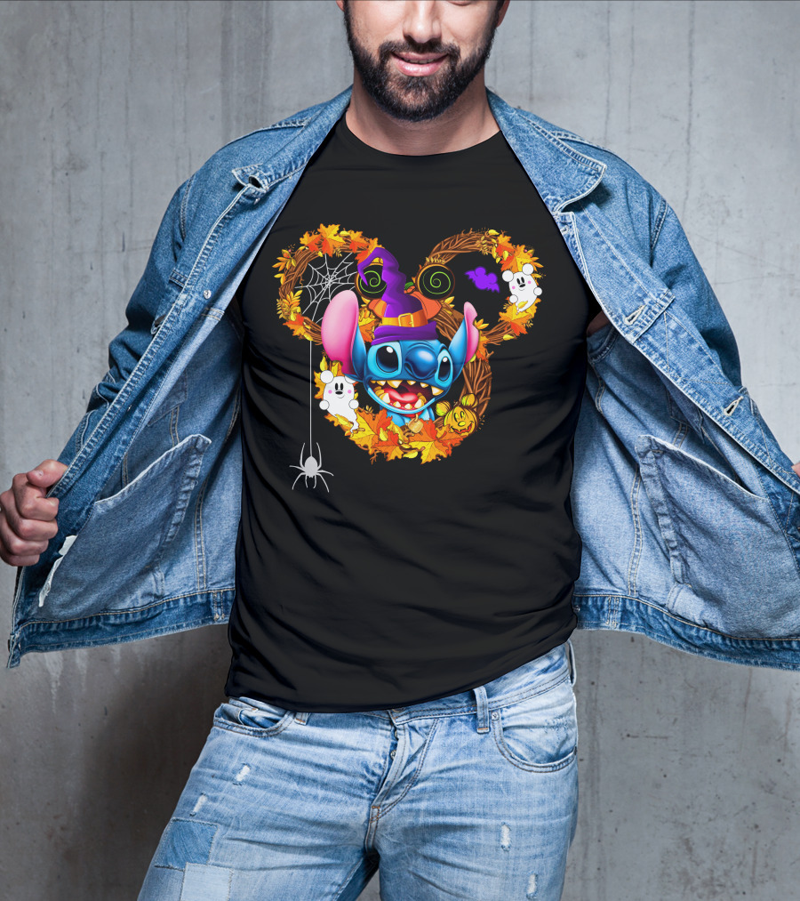 Stitch Halloween Mickey Mouse Ears With Spooky Autumn Leaves And Spider Web T-Shirt