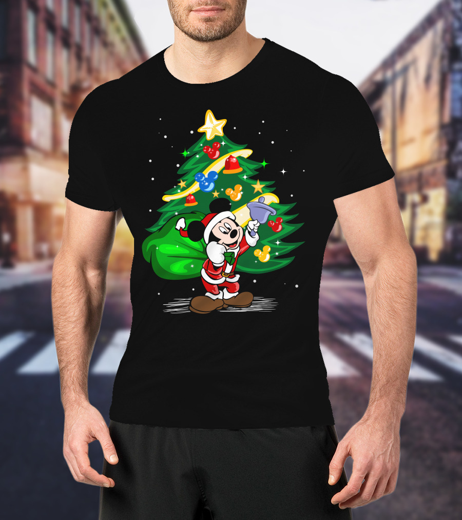 Mickey Mouse Santa With Christmas Tree And Ornaments T-Shirt
