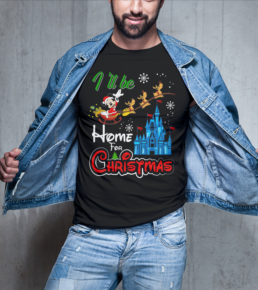 I'll Be Home For Christmas Mickey Mouse Santa Sleigh Castle Reindeer Snowflakes T-Shirt
