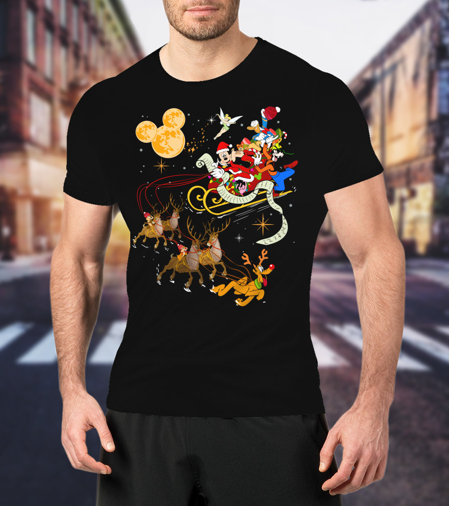Mickey And Friends Christmas Sleigh Ride With Santa And Reindeer T-Shirt