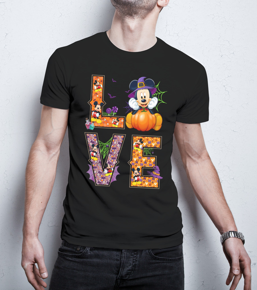 Love Halloween Mickey Mouse Pumpkin Witch Hat Spooky Bats T-Shirt