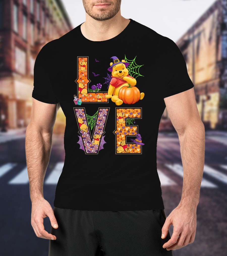 Love Pooh Halloween Pumpkin Spiderwebs And Witch Hat T-Shirt