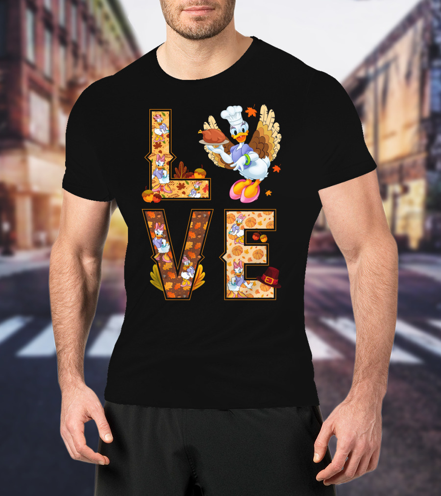 Thanksgiving Daisy Duck Love Fall Leaves Pumpkins Turkey Chef Hat T-Shirt