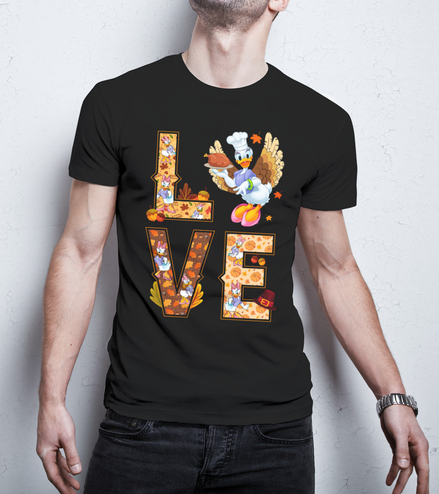 Thanksgiving Daisy Duck Love Fall Leaves Pumpkins Turkey Chef Hat T-Shirt
