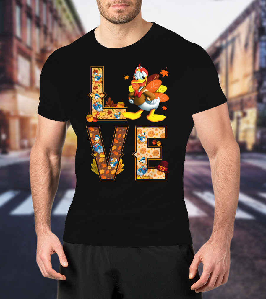 Love Thanksgiving Donald Duck Turkey Autumn Leaves Pumpkins T-Shirt