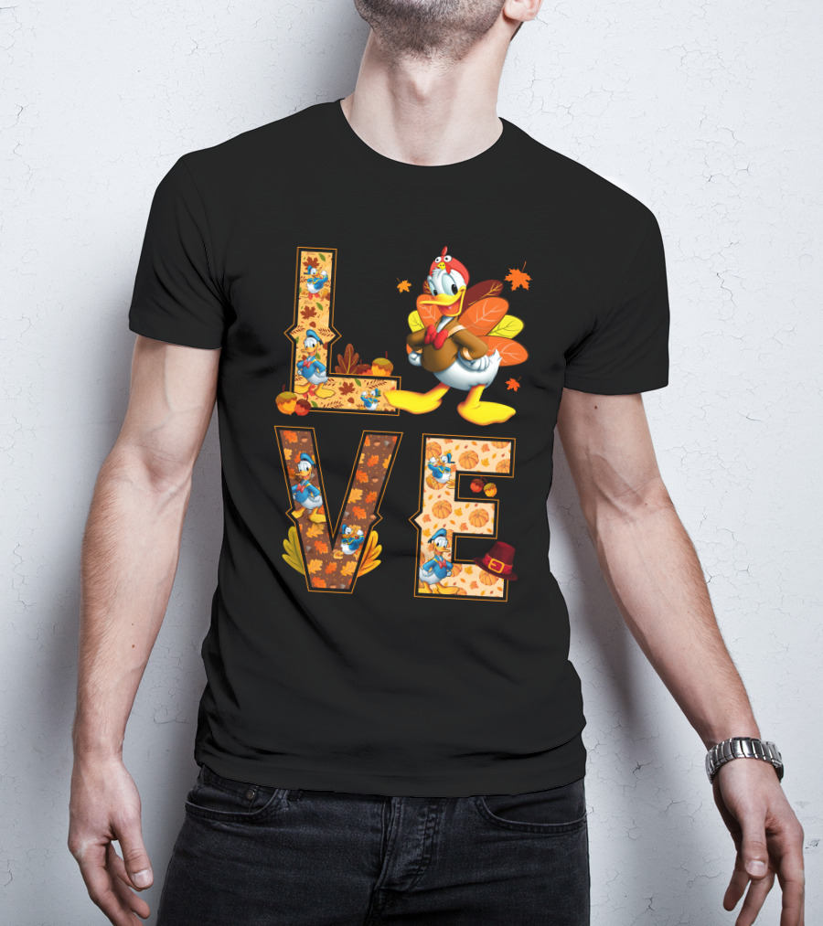 Love Thanksgiving Donald Duck Turkey Autumn Leaves Pumpkins T-Shirt
