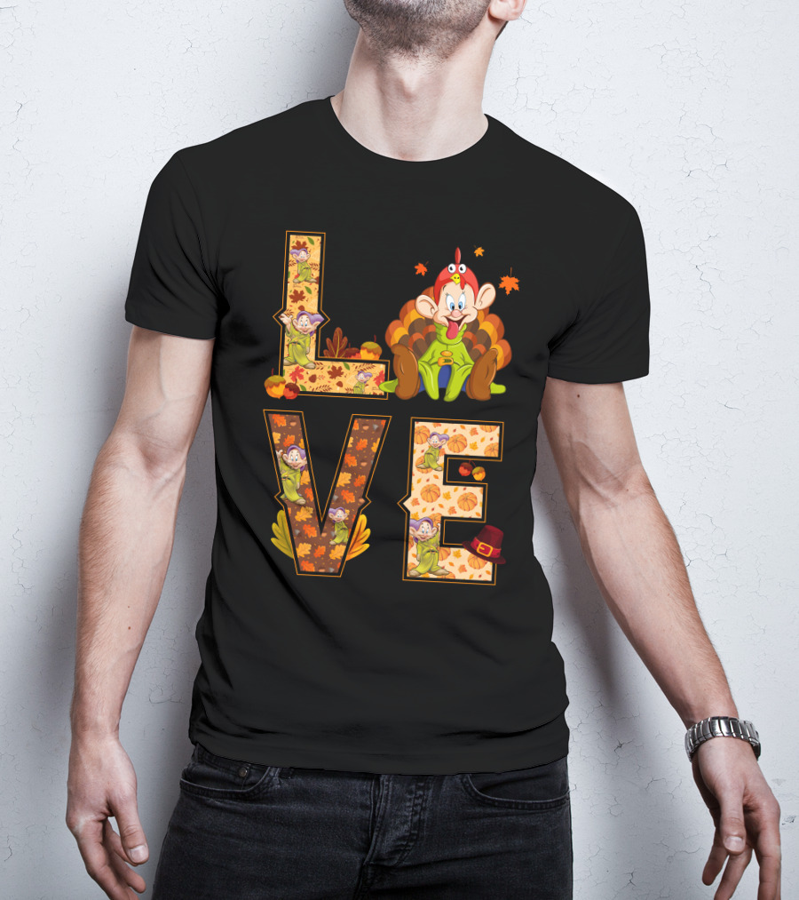 Love Thanksgiving Dopey Characters And Autumn Leaves T-Shirt