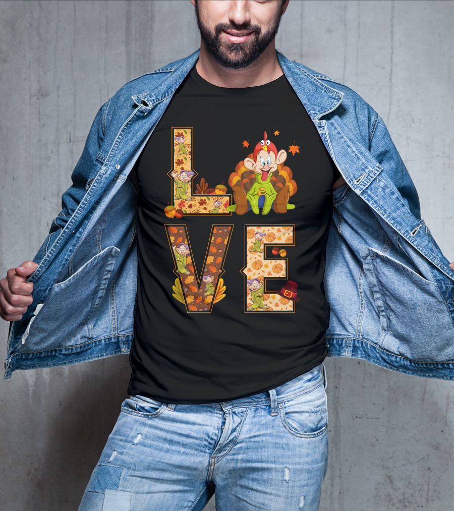 Love Thanksgiving Dopey Characters And Autumn Leaves T-Shirt