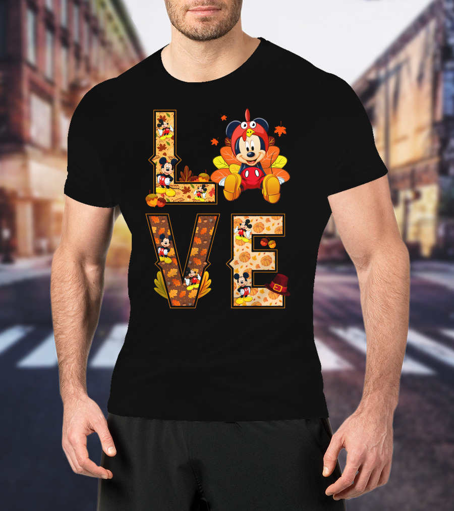 Mickey Love Thanksgiving Theme With Autumn Leaves And Pumpkins T-Shirt