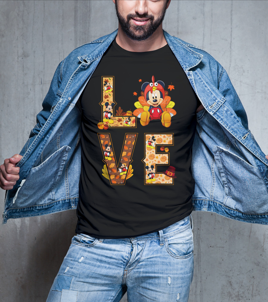 Mickey Love Thanksgiving Theme With Autumn Leaves And Pumpkins T-Shirt