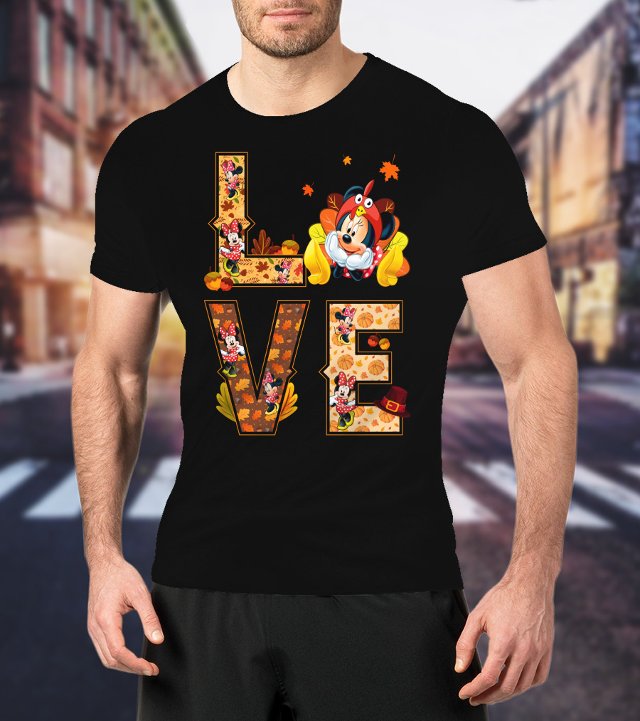Autumn Love Minnie Mouse Fall Theme With Leaves And Pumpkins T-Shirt