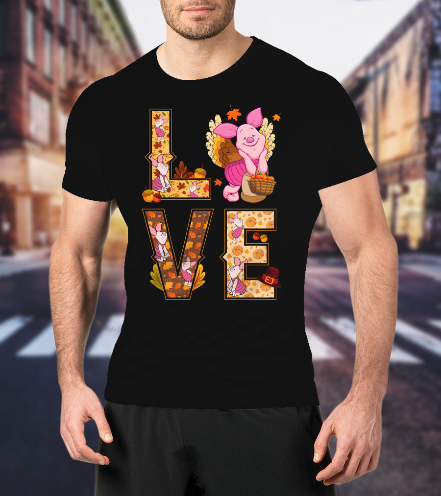 Piglet Love Autumn Harvest Thanksgiving Pumpkin Leaves T-Shirt