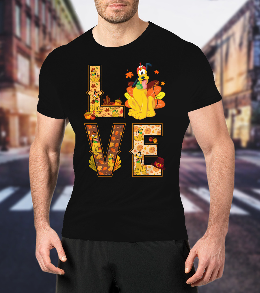 Pluto Thanksgiving Love Autumn Leaves And Pumpkins T-Shirt