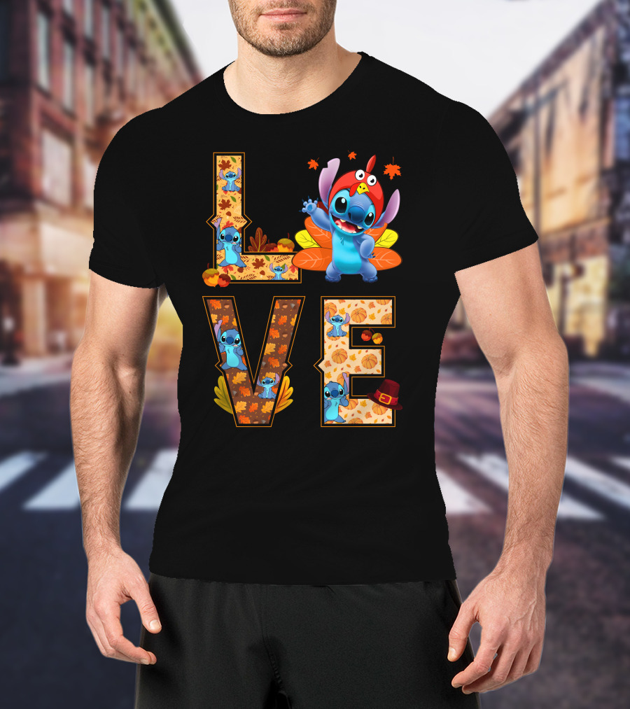 Love Stitch Thanksgiving Autumn Leaves Pumpkins Turkey Hat T-Shirt