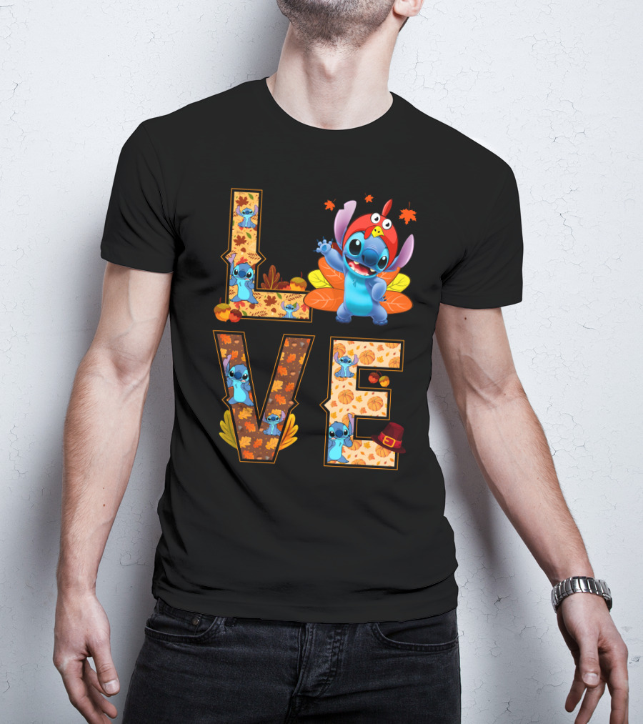 Love Stitch Thanksgiving Autumn Leaves Pumpkins Turkey Hat T-Shirt