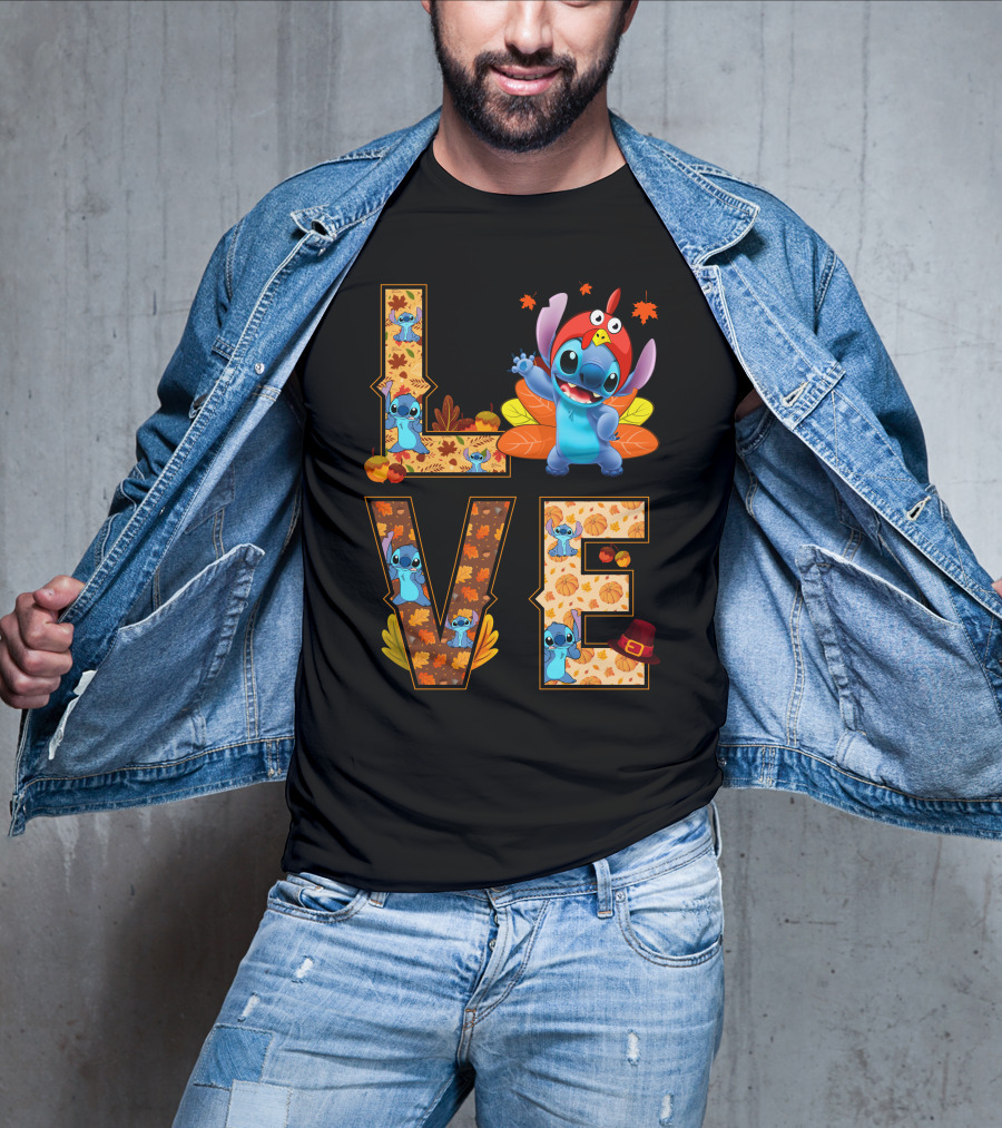 Love Stitch Thanksgiving Autumn Leaves Pumpkins Turkey Hat T-Shirt